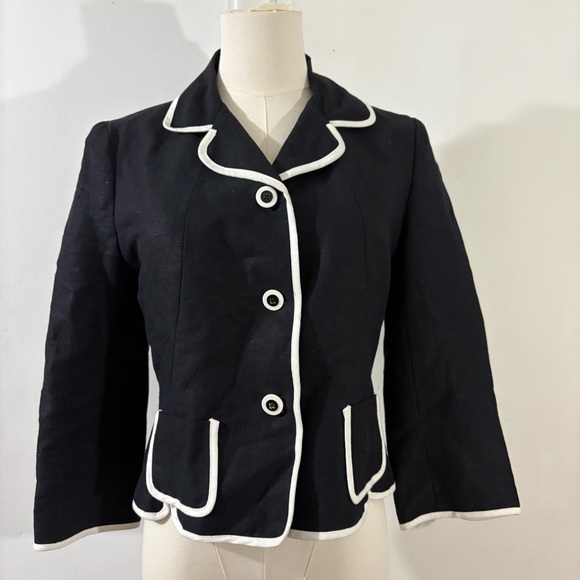 Jillian Jones Linen Blend Blazer Jacket Navy White Trim 3/4 Sleeves Sz 4 Classic - Picture 1 of 10